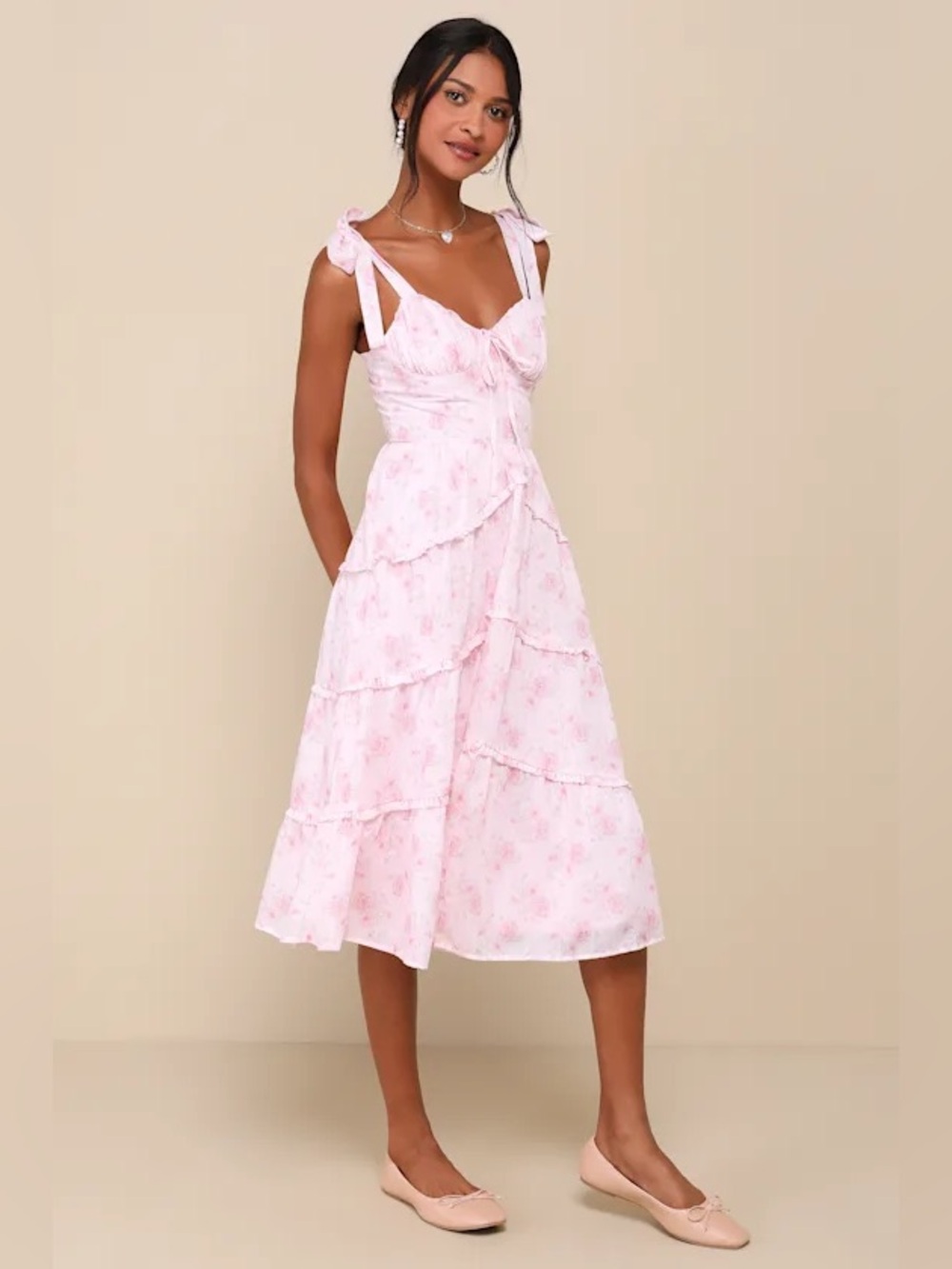 Lulus Unbelievably Darling Pink Floral Buster Tie-Strap Midi Dress - Picture 3 of 6